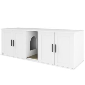 Cat Litter Box Enclosure with Double Room, Scratching Mat for 2 Cats, 57" x 19" x 20", White