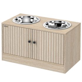 Elevated Dog Bowls with Storage Cabinet, 2 Stainless Steel Bowls, Slow Feeder, Dog Feeding Station for Large Dogs, Oak