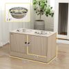 Elevated Dog Bowls with Storage Cabinet, 2 Stainless Steel Bowls, Slow Feeder, Dog Feeding Station for Large Dogs, Oak